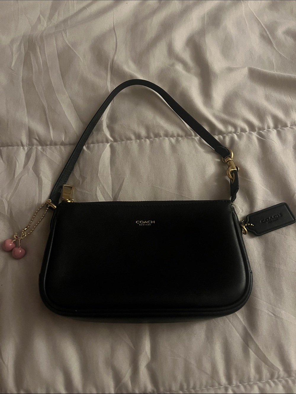 Coach Black Leather Shoulder Bag with Pink Charm - Picture 1 of 3